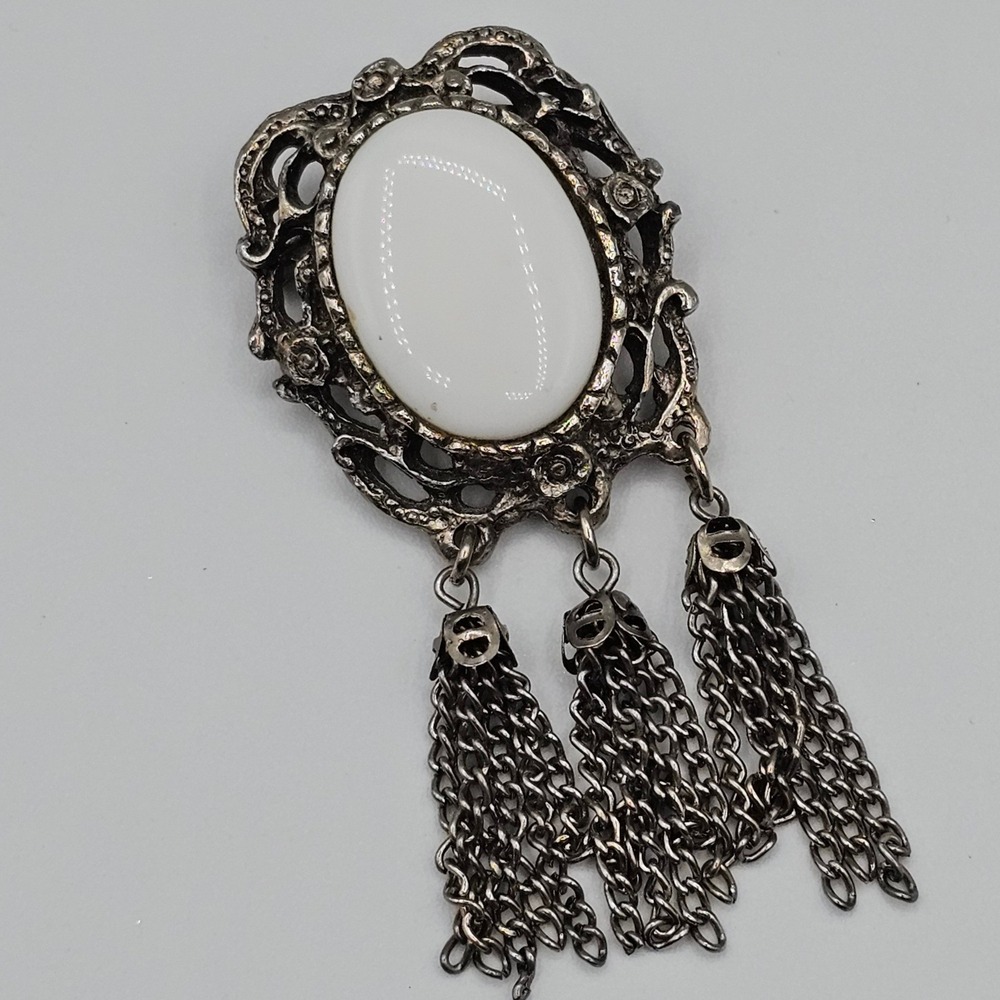Vtg‎ Silver Tone White Glass Cabochon Brooch Chain Tassels 2.5" Pin Mid-Century